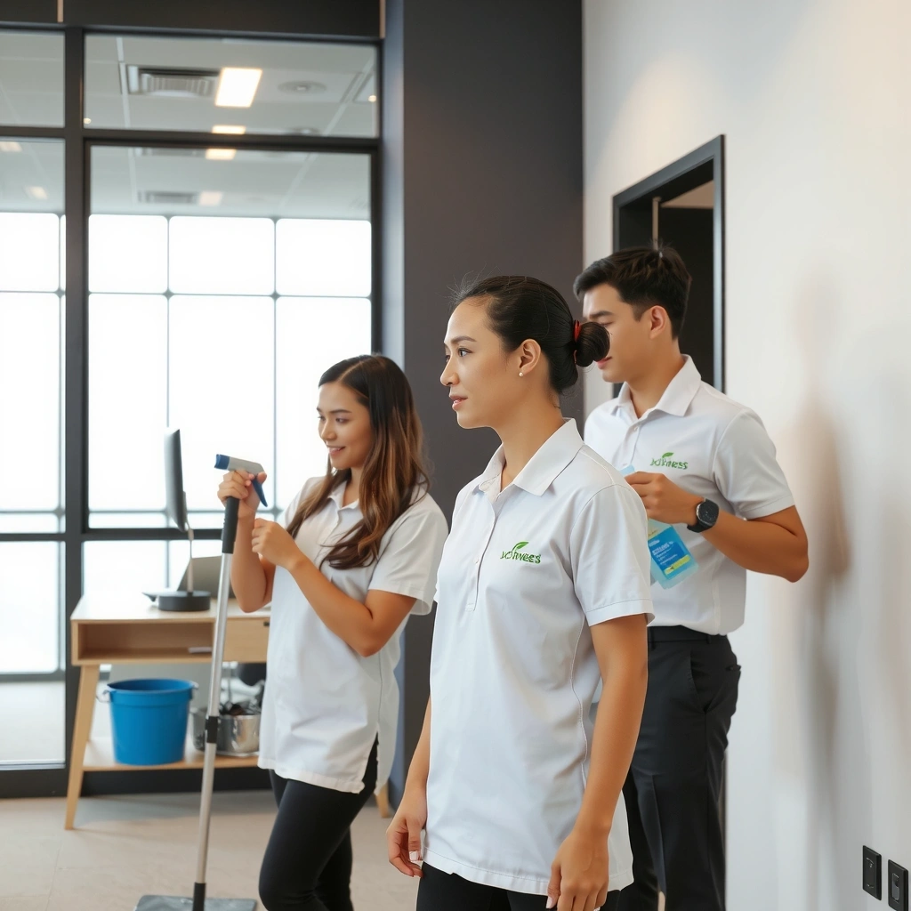 Professional cleaning team at work in a modern office